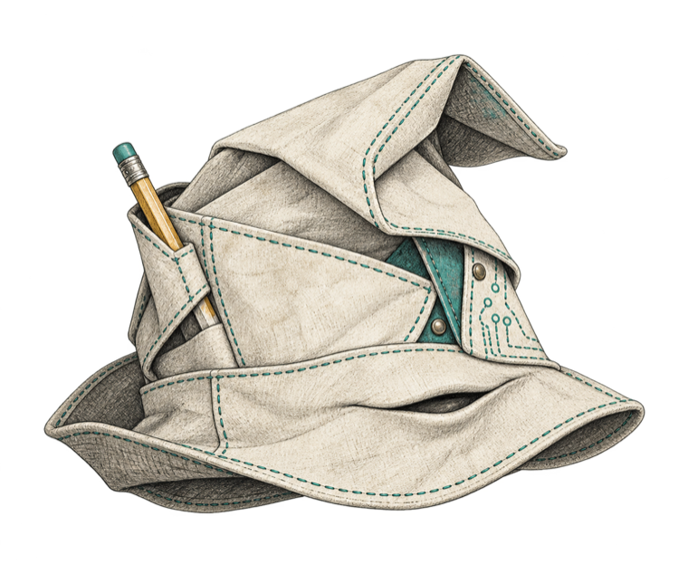 An illustrated engineer's thinking cap